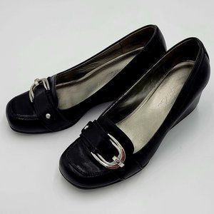 MARC FISHER Black Leather Wedge Shoes Silver Buckle Square Heel SZ 8.5